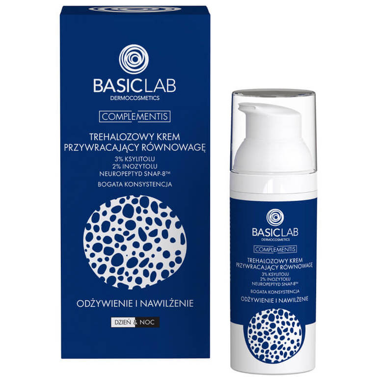  BasicLab • Krem Trehalezowy przywracajacy równowagę 3% Ksylitolu, 2% Inozytolu, Neuropeptyd Snap - 8™ o bogatej konsytencji Odżywienie i nawilżenie 50 ml