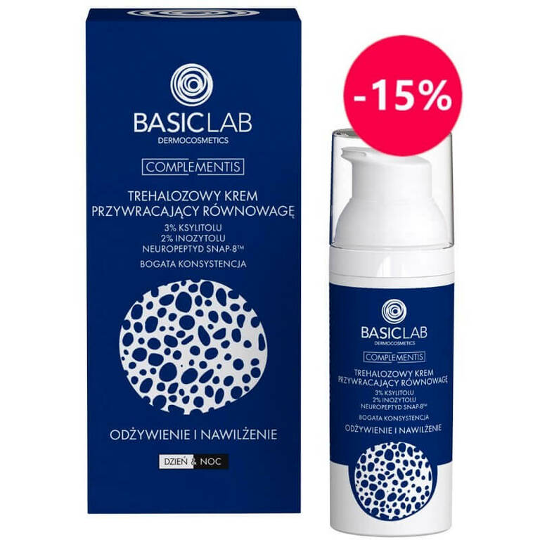  BasicLab • Krem Trehalezowy przywracajacy równowagę 3% Ksylitolu, 2% Inozytolu, Neuropeptyd Snap - 8™ o bogatej konsytencji Odżywienie i nawilżenie 50 ml