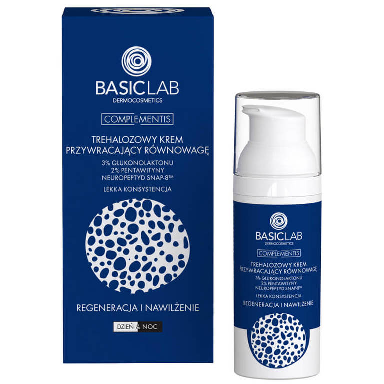 BasicLab • Krem Trehalezowy przywracajacy równowagę 3% Glukonolaktonu, 2% Pentawityny, Neuropeptyd Snap - 8™ o lekkiej konsytencji Regeneracja i nawilżenie 50 ml